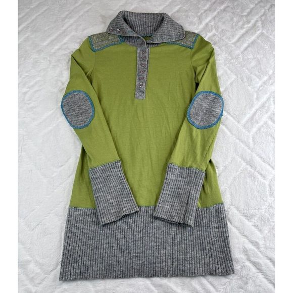 Free People Women's (XS) Lime Green Gray Sweatshirt Tunic Quarter Button Top - Picture 2 of 7